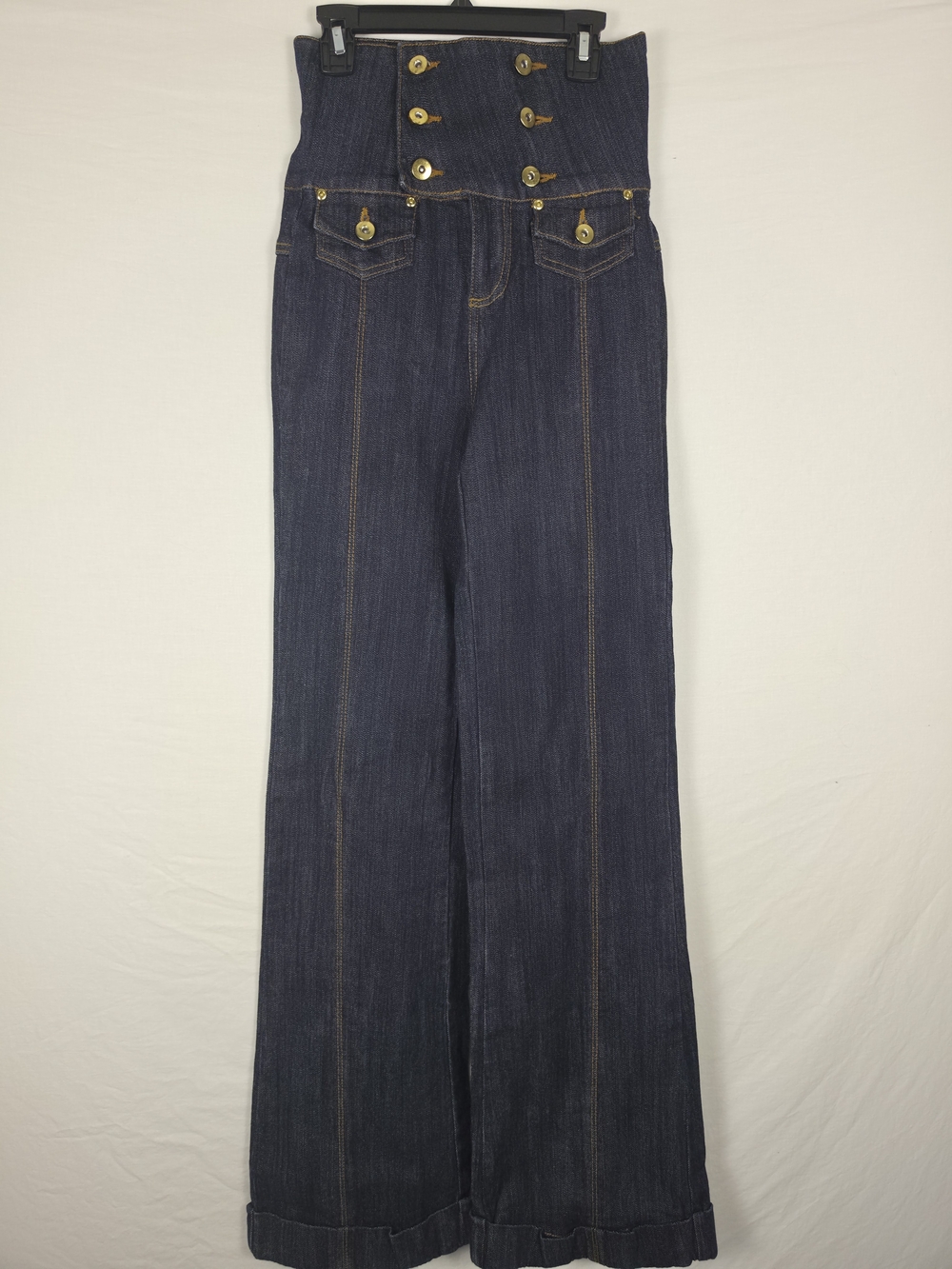 Younique Ultra High Rise Wide Leg Bell Bottom Jeans Dark Wash Sailor Button Fly
